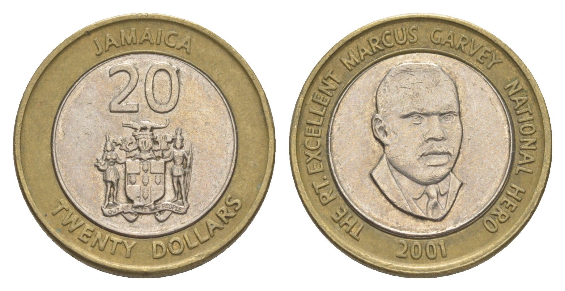 Ямайка 20 долларов 2001 KM 182 биметалл 4519-852