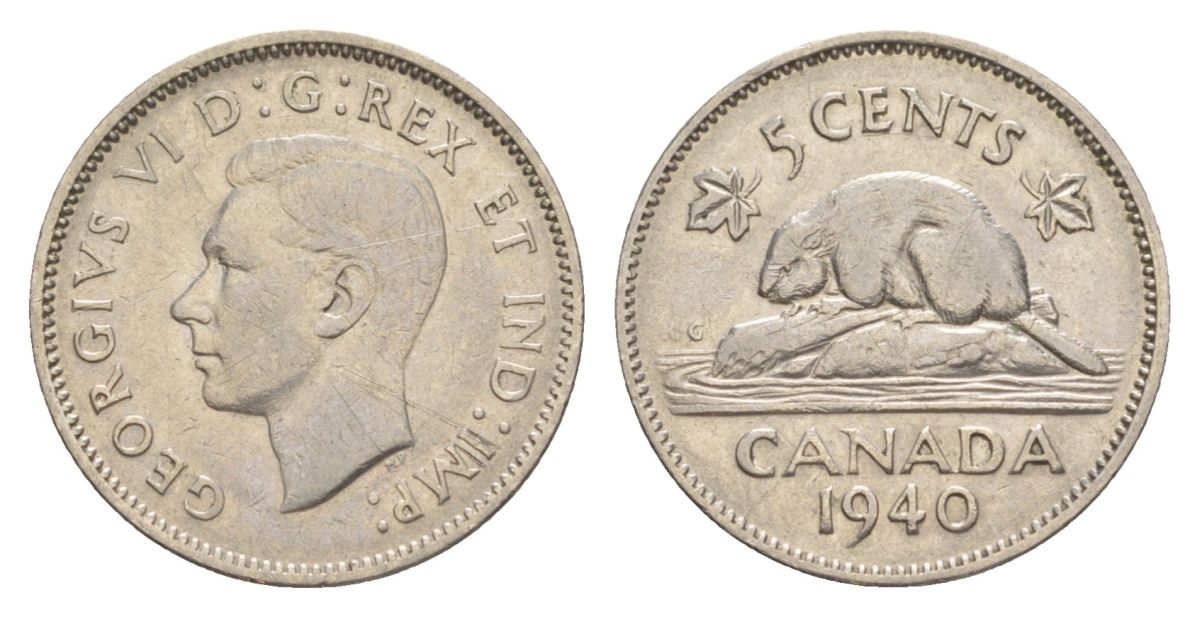 Канада 5 центов 1940 Георг VI (1936-1952), бобр KM 33 никель 4630-644