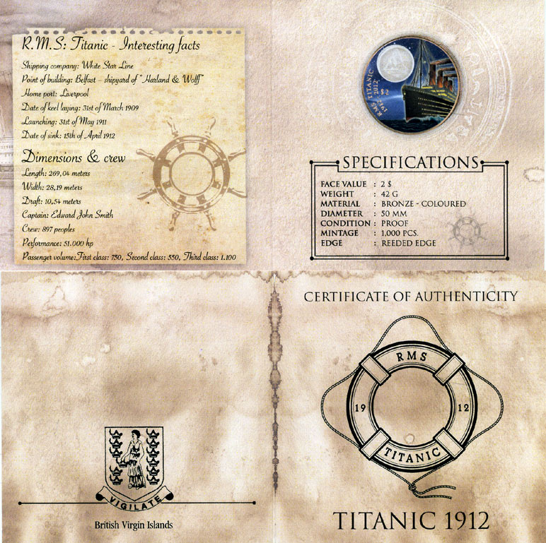 Британские Виргинские острова 2 доллара 2012 100 лет гибели Титаника, с сертификатом, в оригинальной коробке, эмаль, Титаник в ночном море, вес 42 гр., диаметр 50 мм., тираж 1000 экземпляров бронза PROOF 4-3-5-02