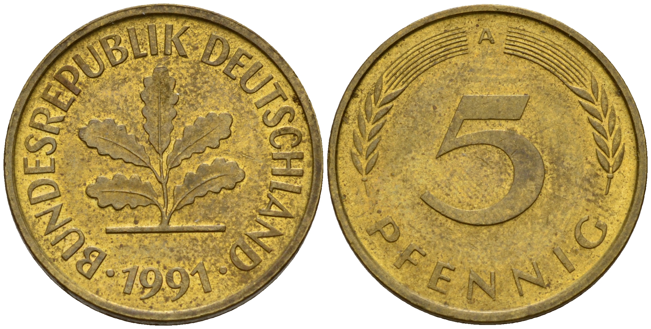 ФРГ 5 пфеннигов 1991 A J.382, KM 107 сталь плакированная латунью    4598-1114