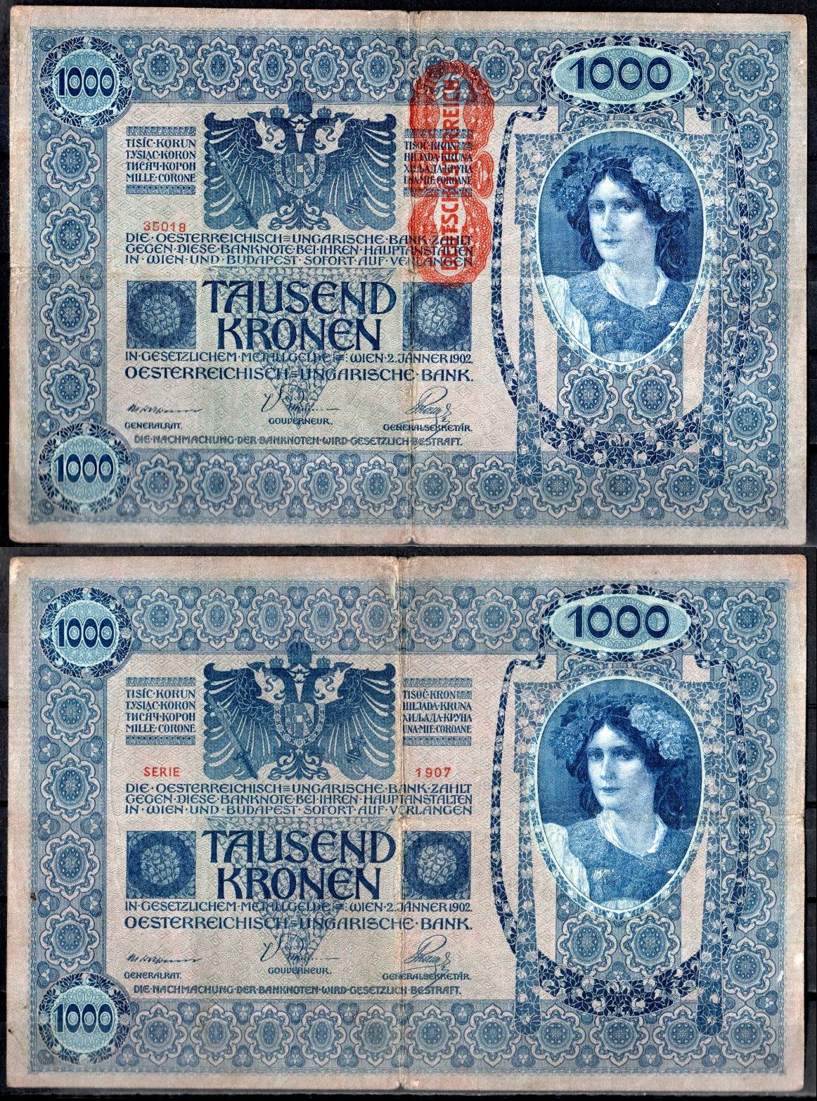 Австрия 1000 крон 1902 (1919) Pick 59 бумага 7183-25-1-2