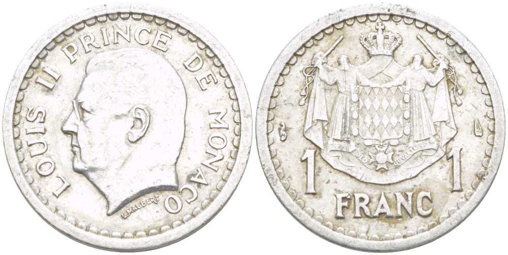 Монако 1 франк 1943 Луи II (1922-1949) KM 120 алюминий 4513-922