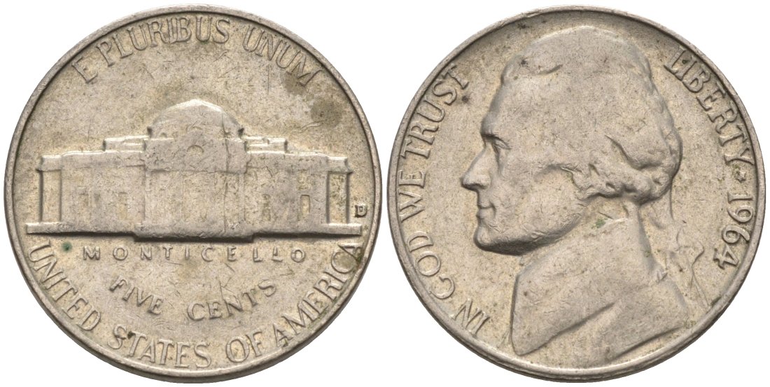 США 5 центов 1964 D, Джефферсон KM А192 медно-никель 92-1132