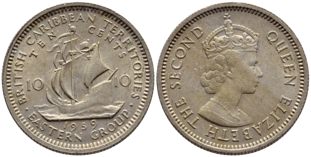 Британские Восточно-Карибские территории 10 центов 1959 Елизавета II (1952-2022), парусник KM 5 медно-никель 4387-814