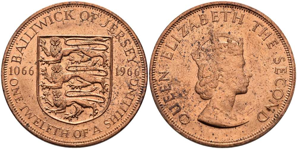 Джерси 1/12 шиллинга 1966 900 лет Нормандскому завоеванию KM 26 бронза UNC 4512-332