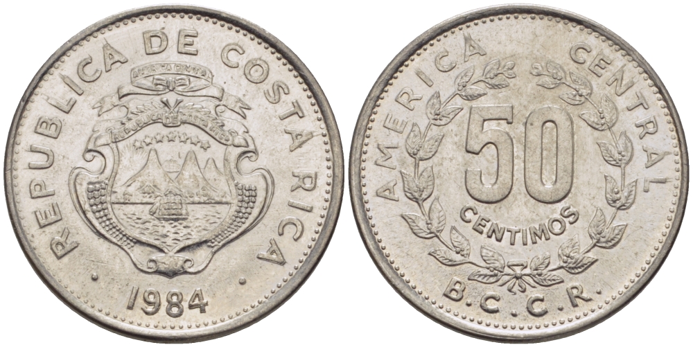КОСТА-РИКА 50 СЕНТИМО 1984 В.С.С.R. KM 209.2 нержавеющая сталь 66-946