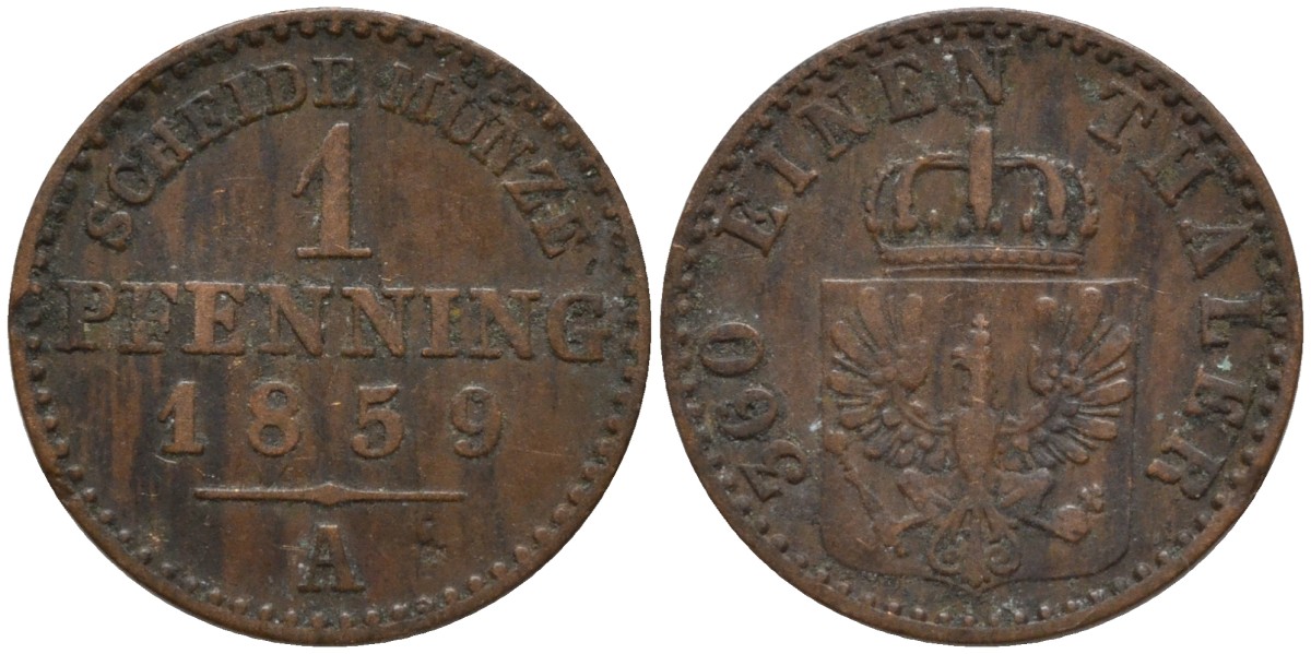Пруссия 1 пфенниг 1859 A, Фридрих Вильгельм IV (1840-1861) KM 451 медь 4532-344