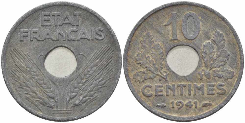 ФРАНЦИЯ 10 САНТИМОВ 1941 ДИАМЕТР 21,3 ММ., ПРАВИТЕЛЬСТВО ВИШИ KM 898.2, LE FRANC 141.2 цинк 4401-446