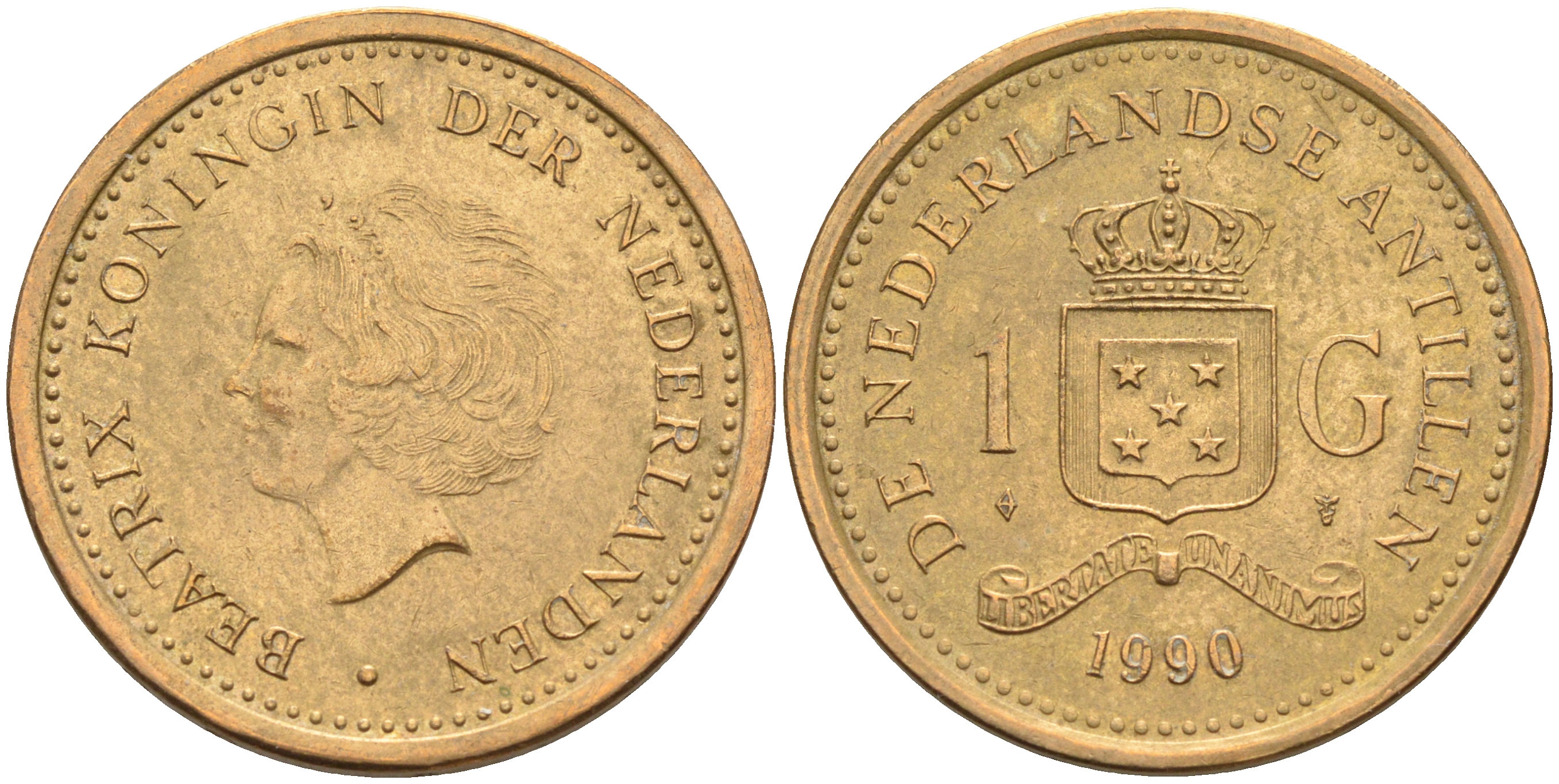 Нидерландские Антилы 1 гульден 1990 Беатрикс (1980-2013) KM 37 позолоченная сталь 4142-117