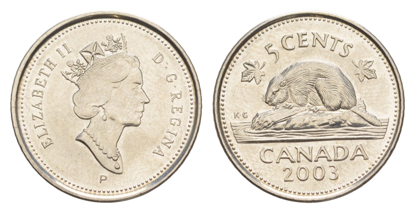 Канада 5 центов 2003 P, Елизавета II (1952-2022), бобр KM 182b сталь плакированная никелем UNC 4636-627