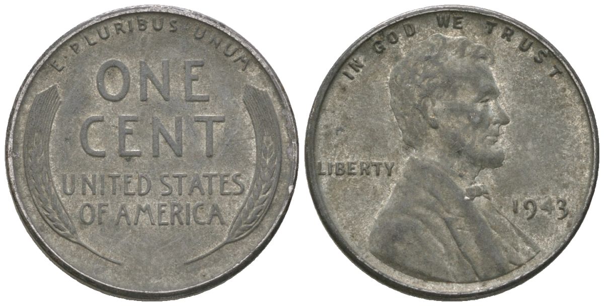 США 1 цент 1943 Авраам Линкольн KM 132 a сталь покрытая цинком 214-418