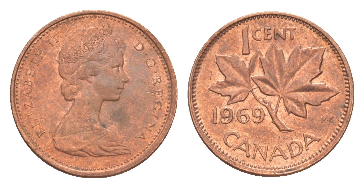 Канада 1 цент 1969 Елизавета II (1952-2022), кленовый лист KM 59 бронза 4639-334