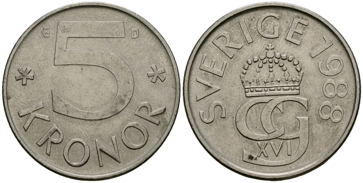 Швеция 5 крон 1988 Карл XVI Густав (1973- ) KM 853 медно-никель 4120-634
