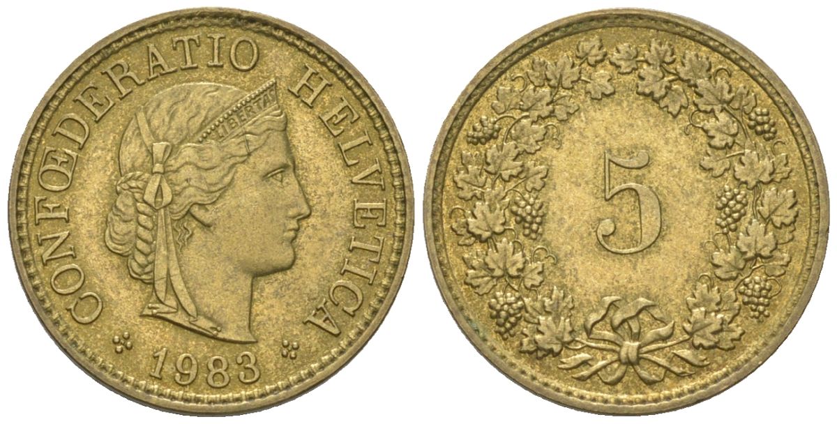Швейцария 5 раппенов 1983 KM 26c алюминиевая бронза UNC 4115-1241