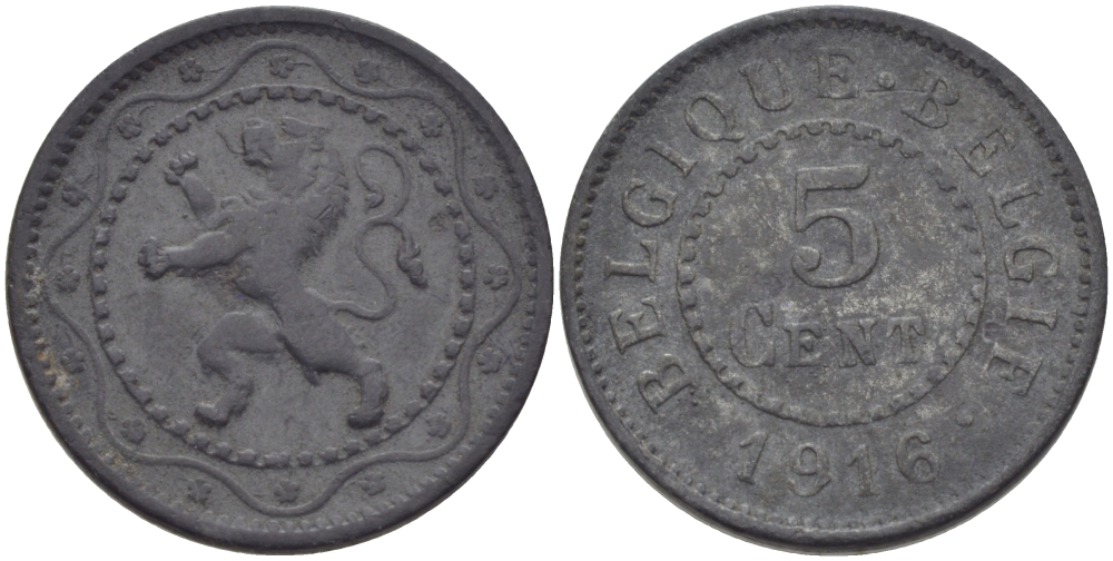 Бельгия 5 сантимов 1916 Belgique-Belgie, германская оккупация, I-ая мировая война KM 80 цинк 100-232