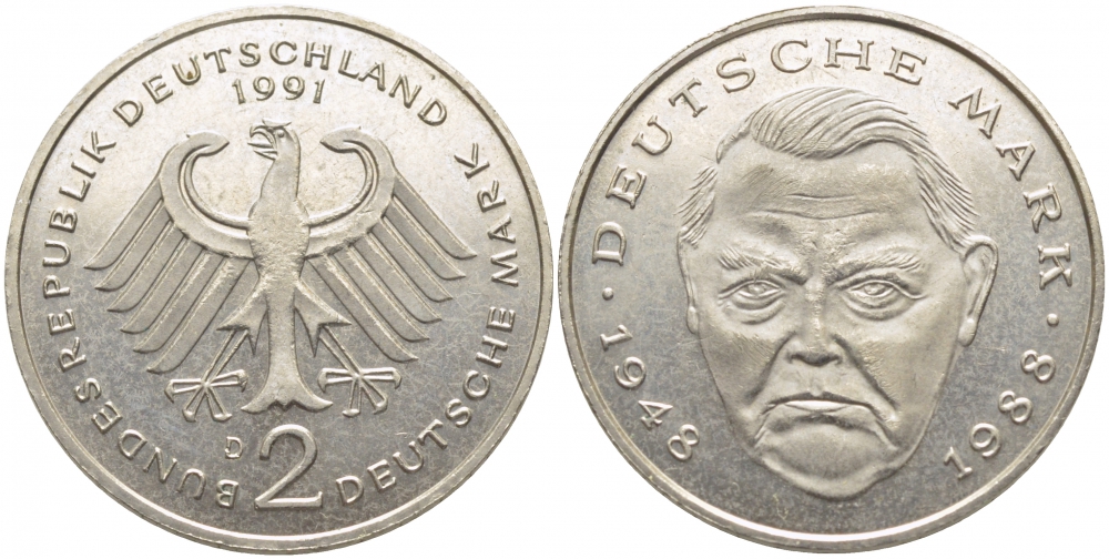 ФРГ 2 МАРКИ 1991 D ЛЮДВИГ ЭРХАРД J. 445, KM 170 медно-никель плакированный никелем 3856-326