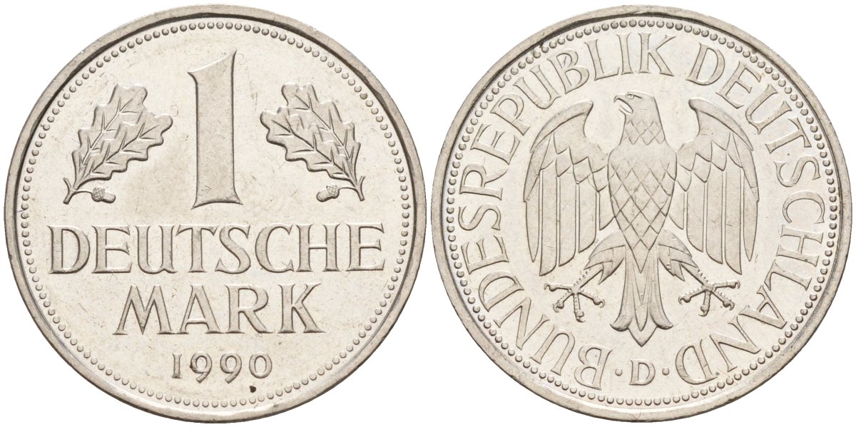 ФРГ 1 марка 1990 D KM 110, J. 385 медно-никель 4584-131