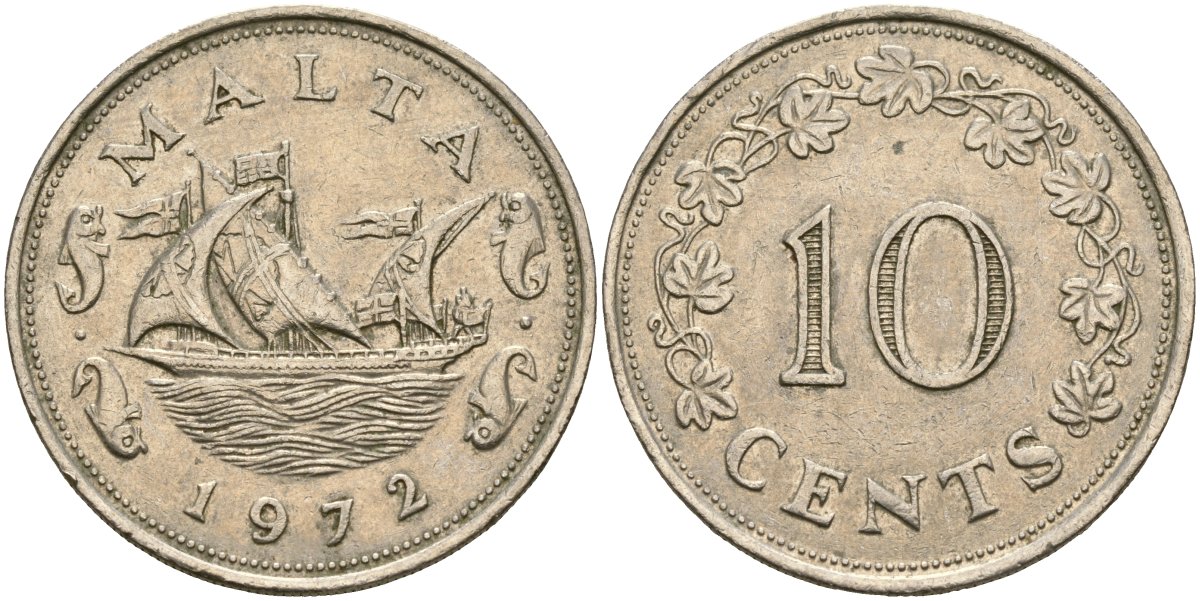 Мальта 10 центов 1972 баржа Великого магистра KM 11 медно-никель 4137-835