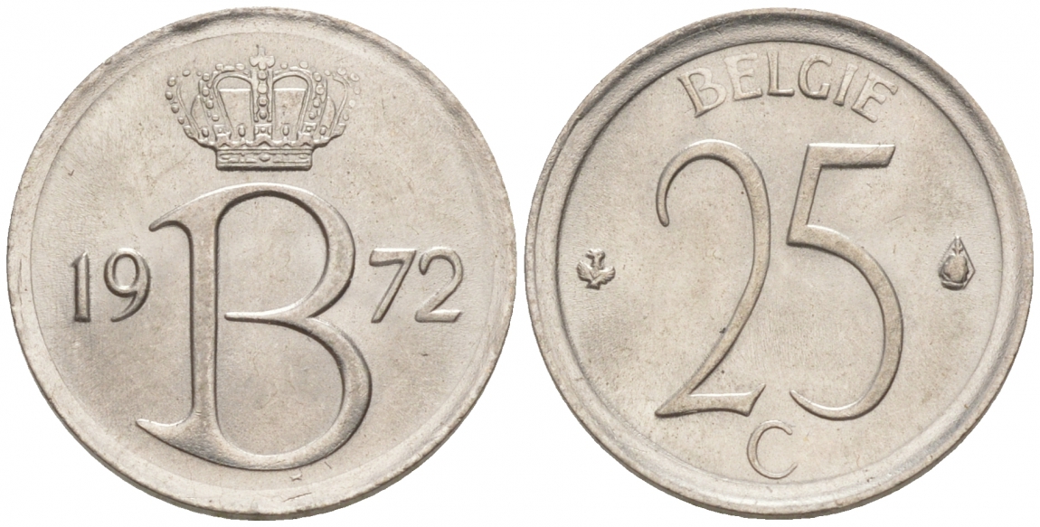 БЕЛЬГИЯ 25 САНТИМОВ 1972 BELGIE, МОНЕТНЫЙ ТИП KM 154.1 медно-никель UNC 214-232