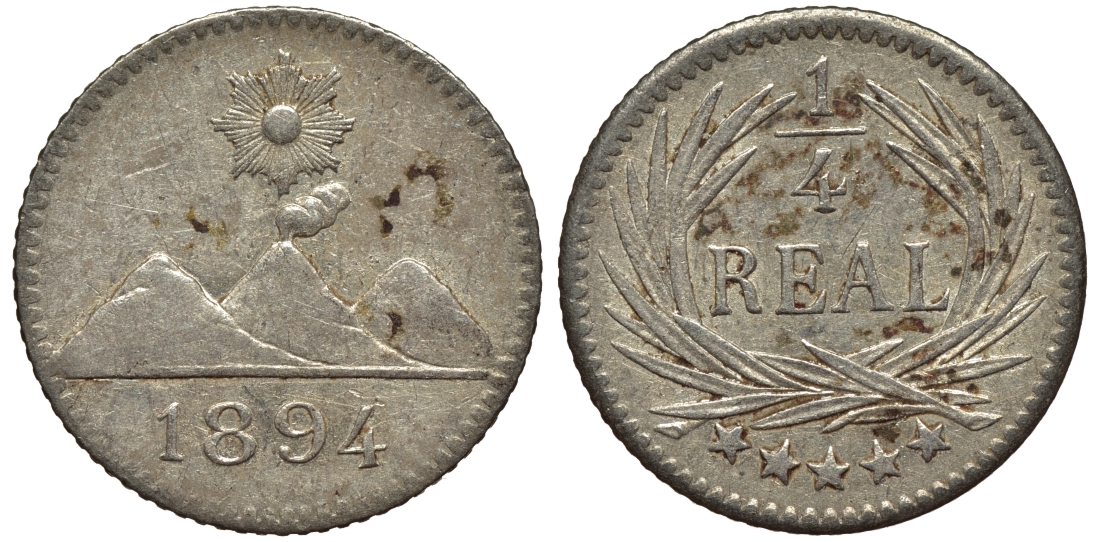 Гватемала 1/4 реала 1894 5 звезд, Испанское правление KM 162 серебро 4549-252