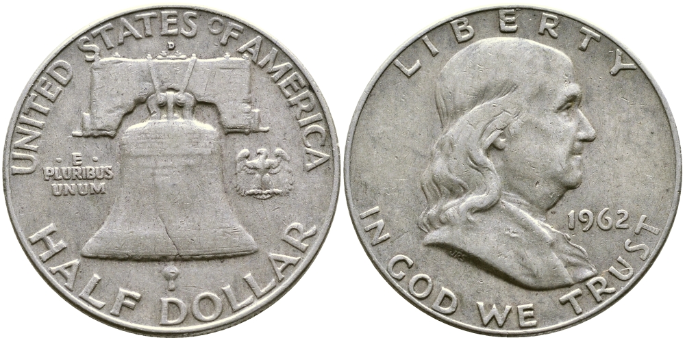США 1/2 ДОЛЛАРА ( 50 ЦЕНТОВ ) 1962 D, ФРАНКЛИН, КОЛОКОЛ KM 199 серебро 58-633