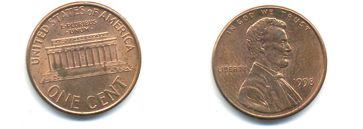 США 1 ЦЕНТ 1998 ЛИНКОЛЬН KM 201b цинк плакированный медью UNC 179-516