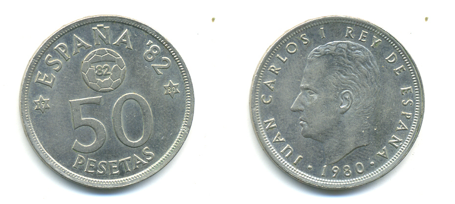 Испания 50 песет 1980 (80) чемпионат мира по футболу в Испании 1982 года, Хуан Карлос I (1975-) KM 819 медно-никель 89-812