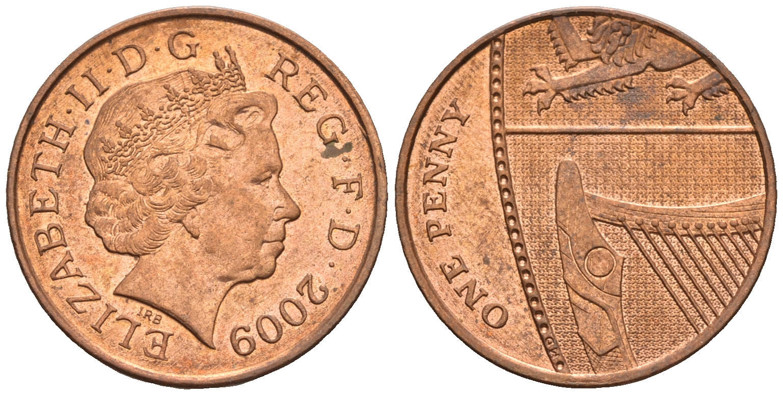 Великобритания 1 пенни 2009 Елизавета II (1952-2022) KM 1107, Spink B6 сталь плакированная медью 4609-661