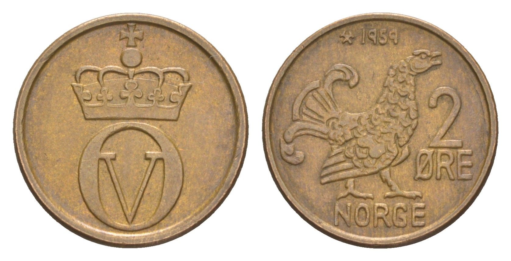 Норвегия 2 эре 1959 глухарь, Улаф V (1958-1991) KM 410 бронза 4649-1216