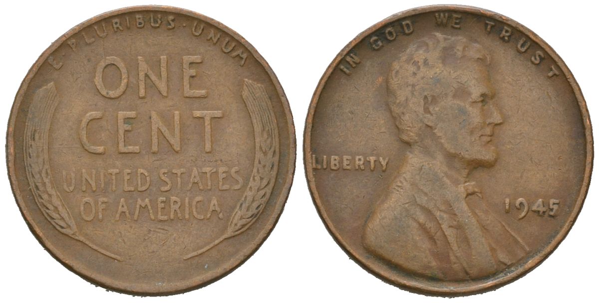США 1 цент 1945 Авраам Линкольн  KM A132 латунь 211-1257