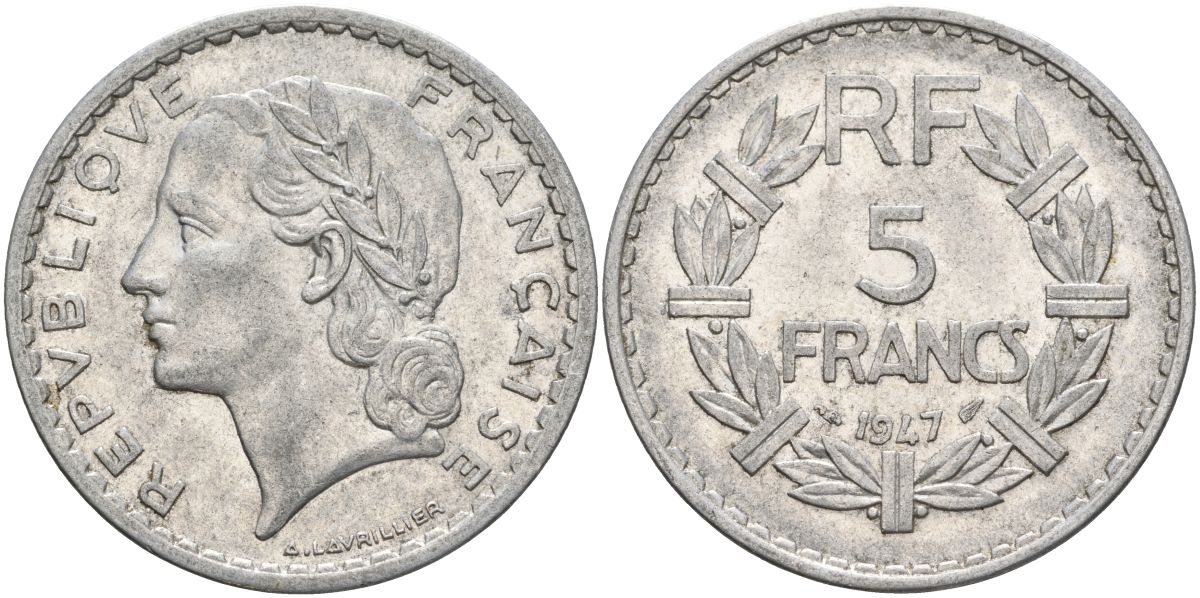 Франция 5 франков 1947 KM 888b алюминий 4607-112