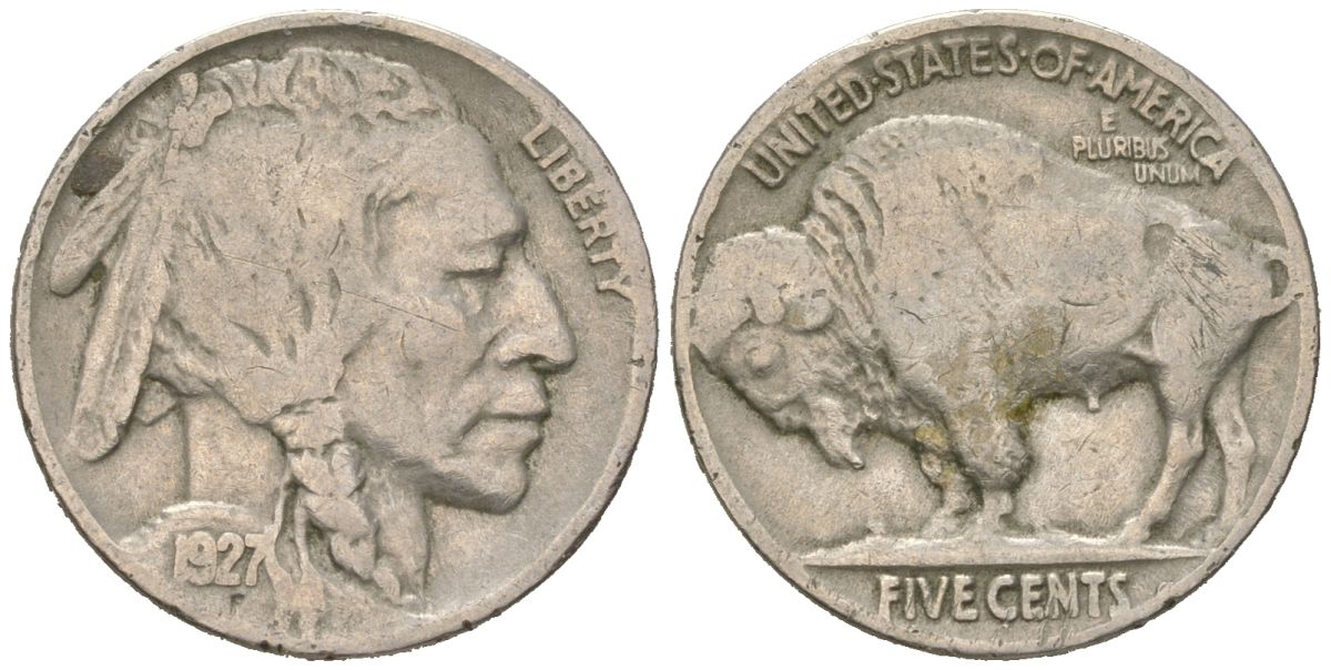 США 5 центов 1927 индеец, бизон KM 134 медно-никель 4614-1124