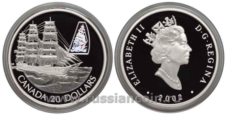 Канада 20 долларов 2002 перевозки, парусник Уильям Д. Лоуренс, голограмма, в фирменной коробке с сертификатом KM 465 серебро PROOF 4-3-2-04