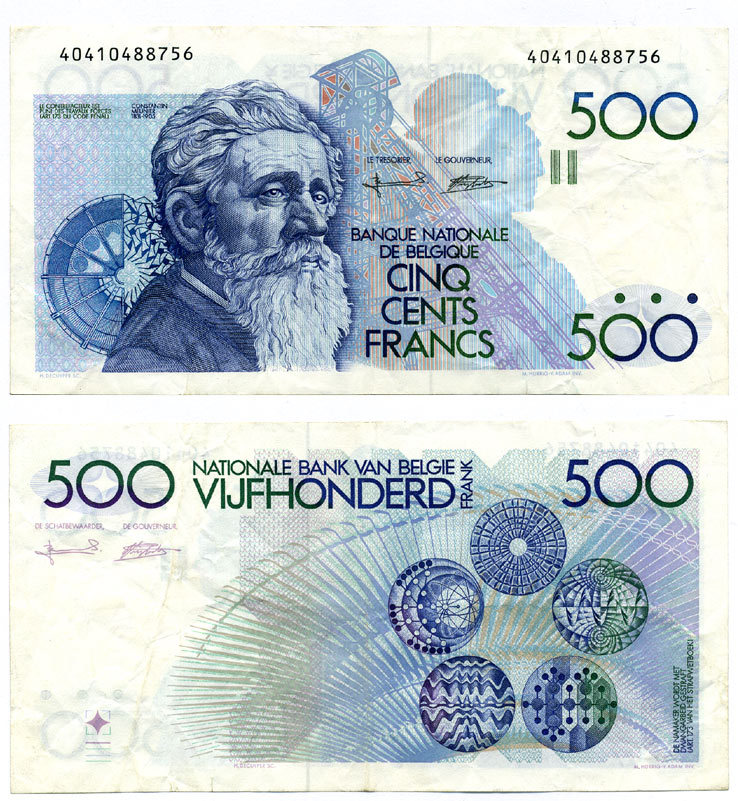 Бельгия 500 франков ND (1982-1998) Константин Менье, подписи Bertholome и VerplaetsePick 143a (7) бумага 7486-68-3-2