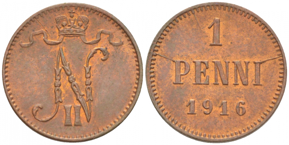 РОССИЯ ДЛЯ ФИНЛЯНДИИ 1 ПЕННИ 1916 НИКОЛАЙ II (1895-1917) KM 13, Биткин 476 медь 211-1035