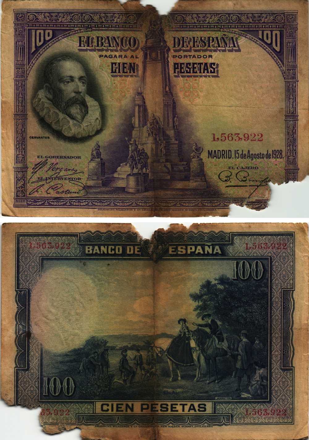 Испания 100 песет 1928 Мигель де Сервантес Сааведра, памятник Сервантесу, картина Дон Кихот Pick 76 а бумага 8609-33-1