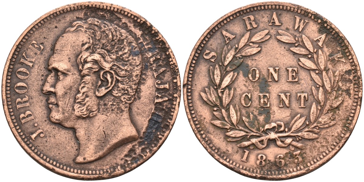 Саравак 1 цент 1863 раджа Джеймс Брук, Королевство Саравак (1846 - 1946) KM 3 медь 4590-623