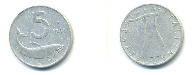 ИТАЛИЯ 5 ЛИР 1954 R, РУЛЬ, ДЕЛЬФИН KM 92 алюминий 80-212