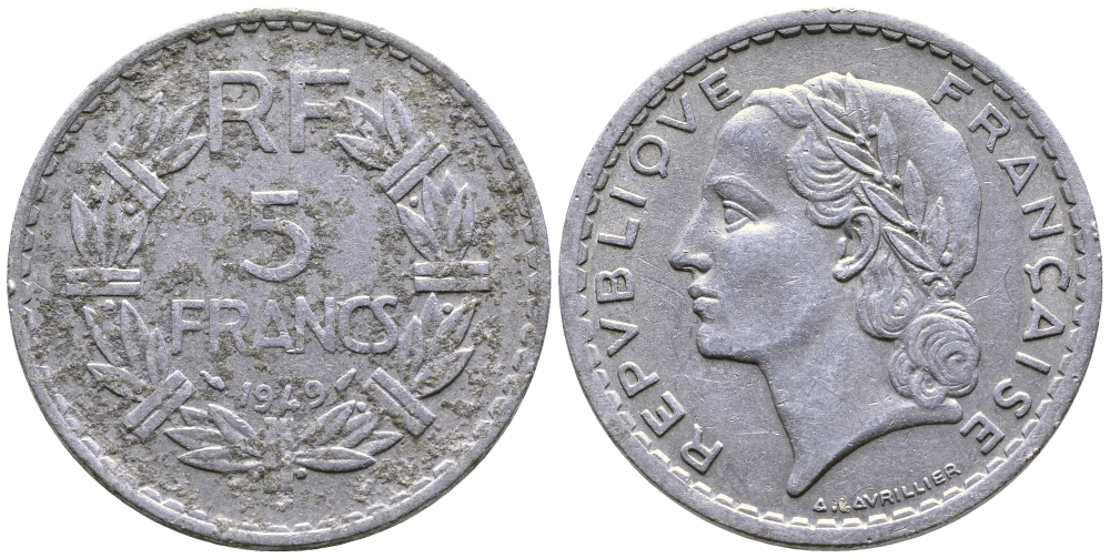 Франция 5 франков 1949 тип Лаврийе KM 888b.1, LE FRANC 339.17 алюминий 73-422