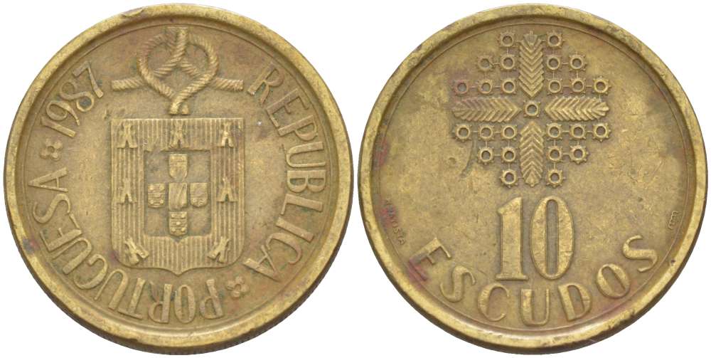 ПОРТУГАЛИЯ 10 ЭСКУДО 1987 KM 633 никель латунь 4519-821