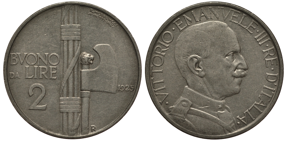 ИТАЛИЯ 2 ЛИРЫ 1925 ВИКТОР ИМАНУИЛ III (1900-1946) KM 63 никель 32-623