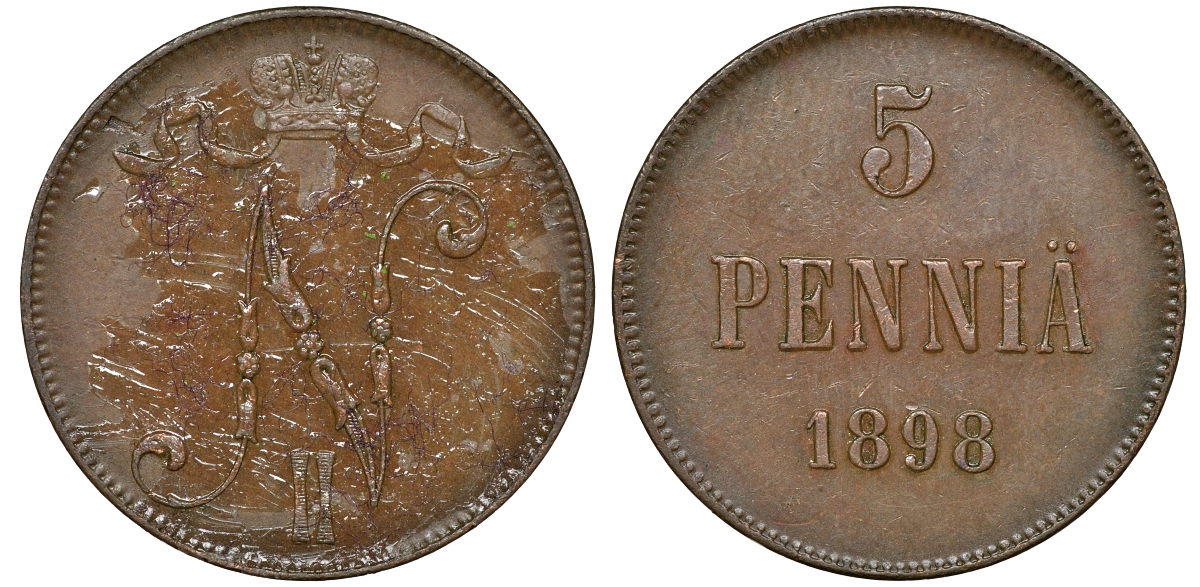 Россия для Финляндии 5 пенни 1898 Николай II (1894-1917) KM 15, Биткин 443 медь 51-923