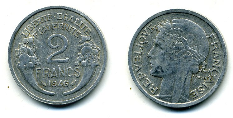 ФРАНЦИЯ 2 ФРАНКА 1946 KM 886a.1 алюминий 35-426