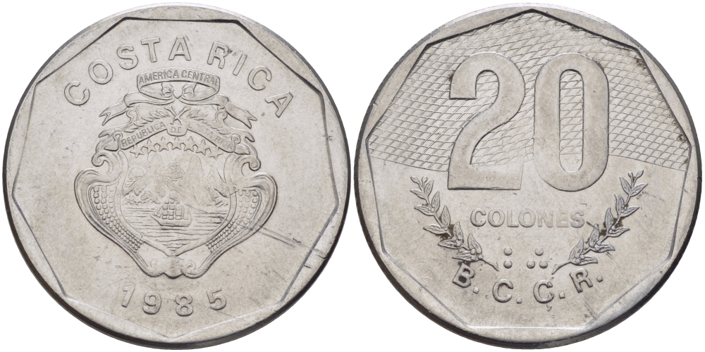 КОСТА-РИКА 20 КОЛОН 1985 сс KM 216.2 нержавеющая сталь 82-142