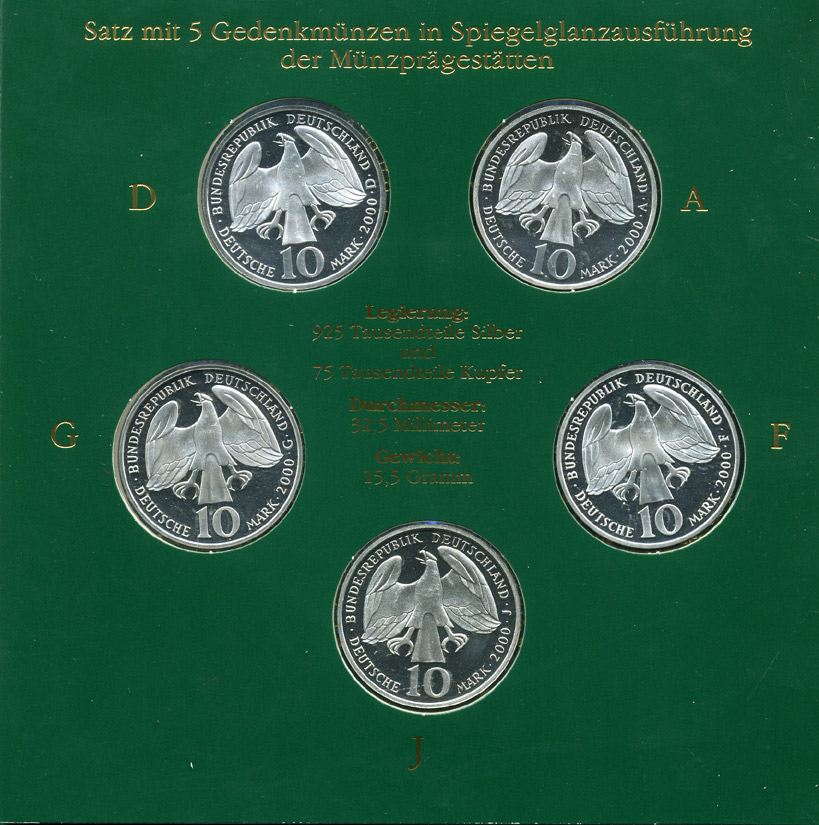 ФРГ набор из 5 штук по 10 марок 2000 A, D, F, G, J, 250 лет со дня рождения Иоганна Себастьяна Баха KM 202 серебро PROOF 6-5-2-11