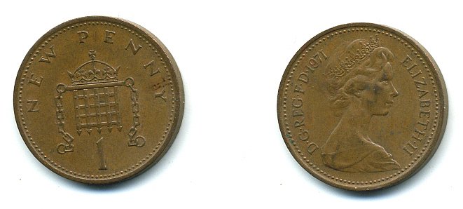 Великобритания 1 пенни 1971 Елизавета II (1952-2022) KM 915, Spink 4237 (B1) бронза 4110-716