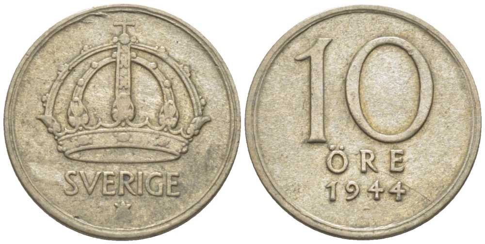 Швеция 10 эре 1944 G, Густав V (1907-1950) KM 813 серебро 116-1165