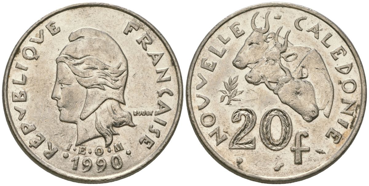 Французская Новая Каледония 20 франков 1990 три быка, (IEOM) KM 12, Schoen 14, Lec 113 никель 4131-113