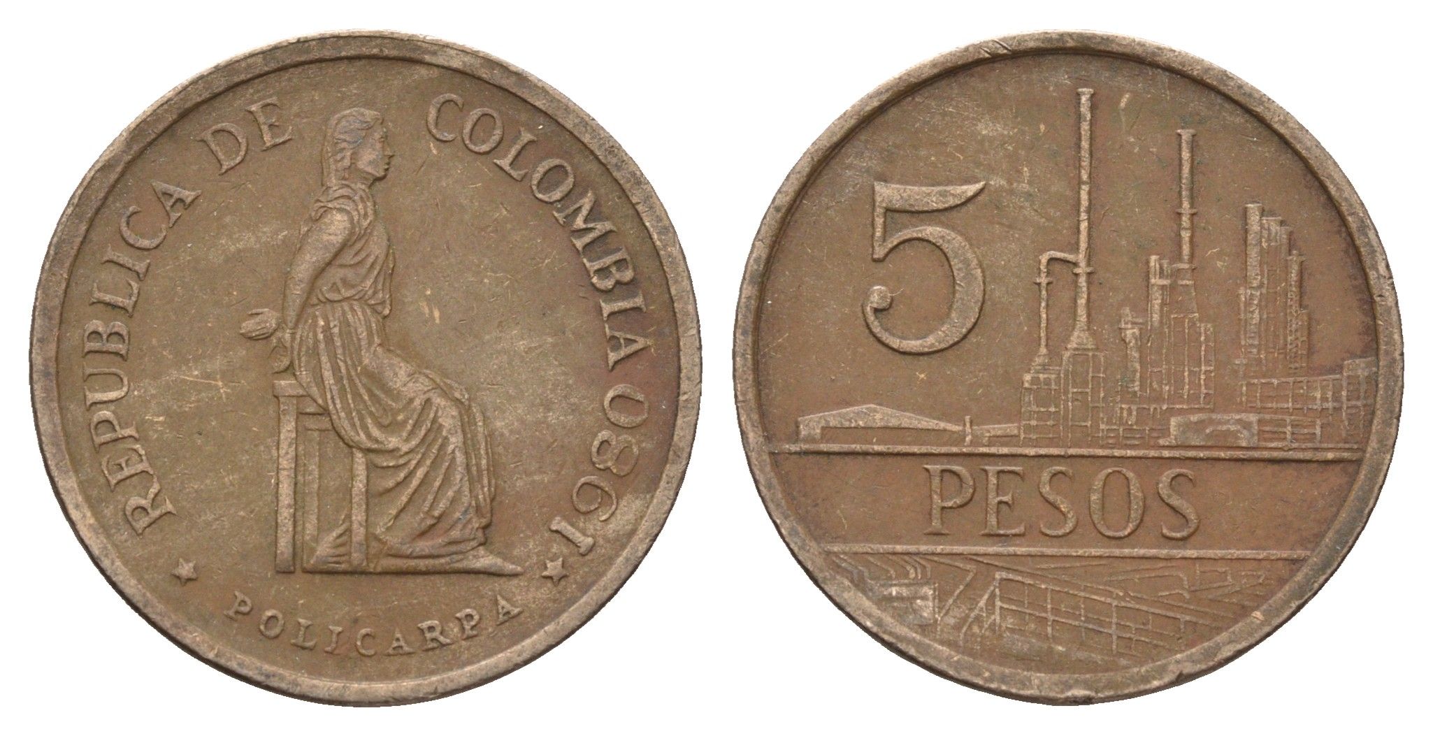 Колумбия 5 песо 1980 KM 268 бронза 4698-145