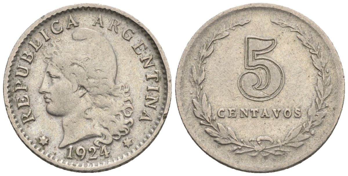 Аргентина 5 сентаво 1924 голова свободы влево KM 34, CJ 155, Schon 37 медно-никель    4609-1127